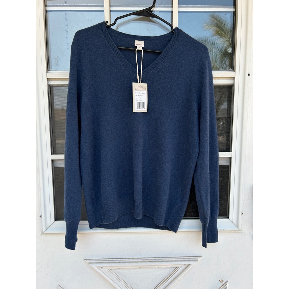 State Cashmere Men Navy Blue 100% Cashmere V-Neck Sweater XL Quiet Luxury Preppy